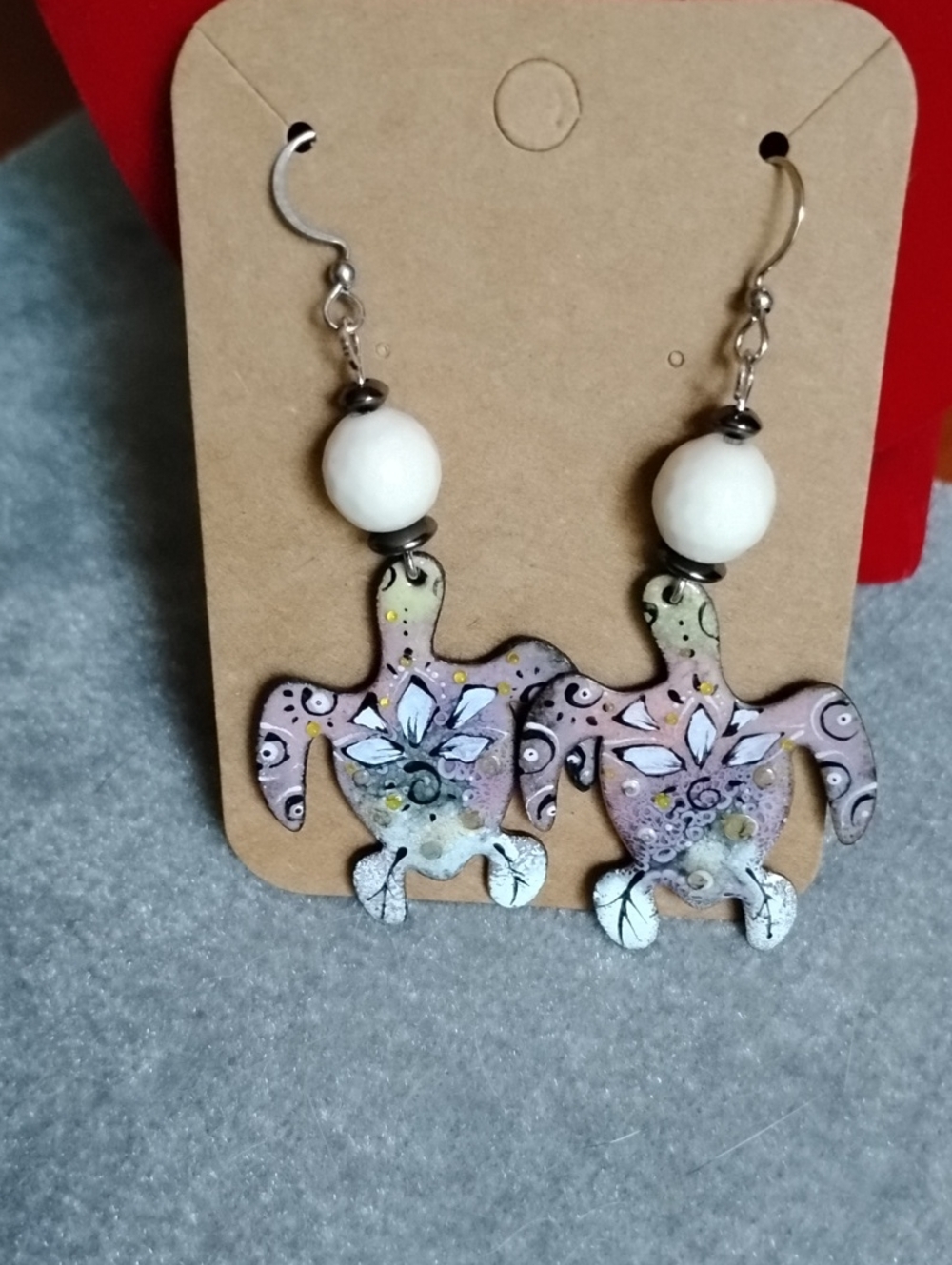 Hand Crafted Enamel Painted Sea Turtle Earrings With Mookite Bead Accent